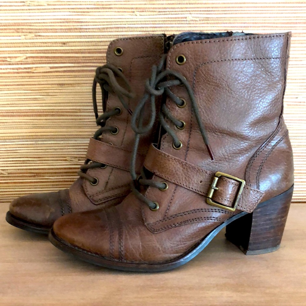 Steve Madden Devlin brown lace up Heel Combat granny leather strap ankle Boots